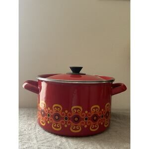 VTG Red Enamelware Pot MCM Floral Scroll Pattern Retro Lidded 60s 70s Cookware
